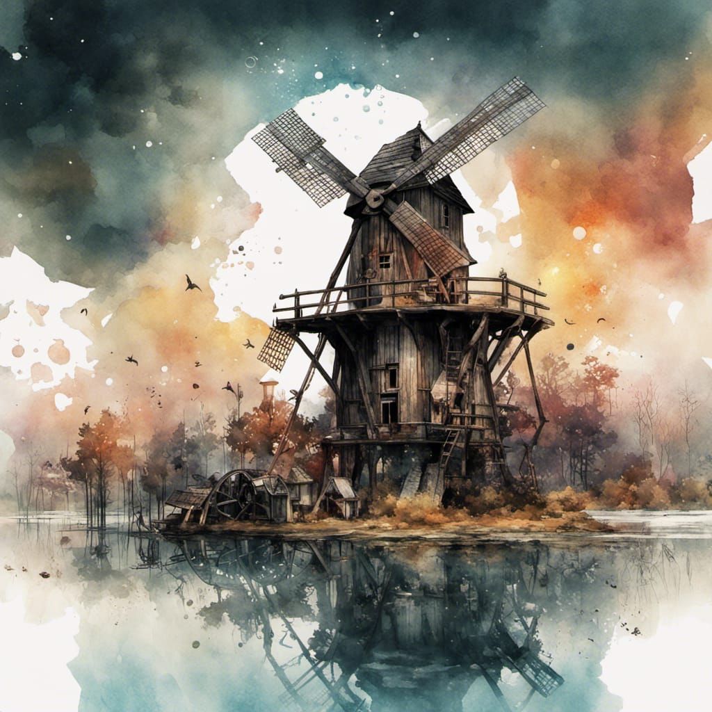 Watercolor Windmill with Water Wheel and Lake