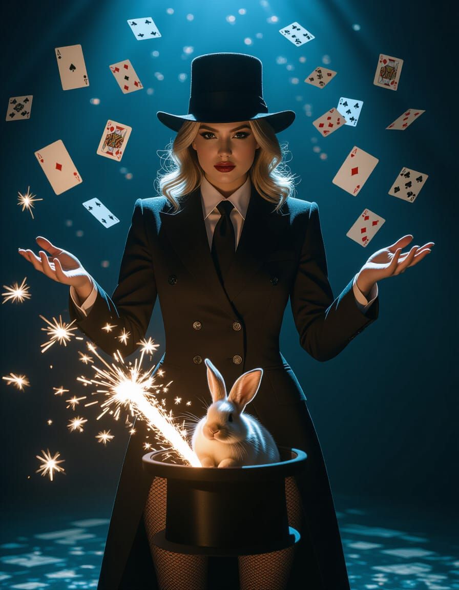 Glamorous Magician's Rabbit Trick in Photorealistic Style