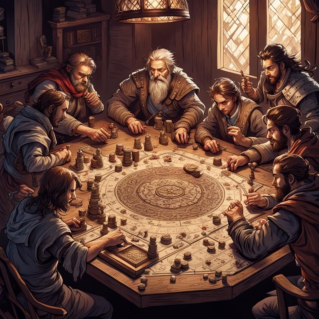 D&D Players Around Table in Hyper-Detailed Drawing
