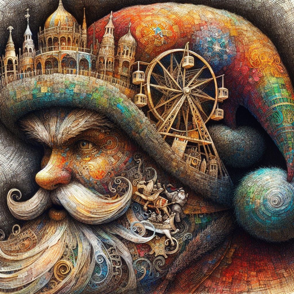 Surreal Santa Claus Portrait in Expressive Hatching Style
