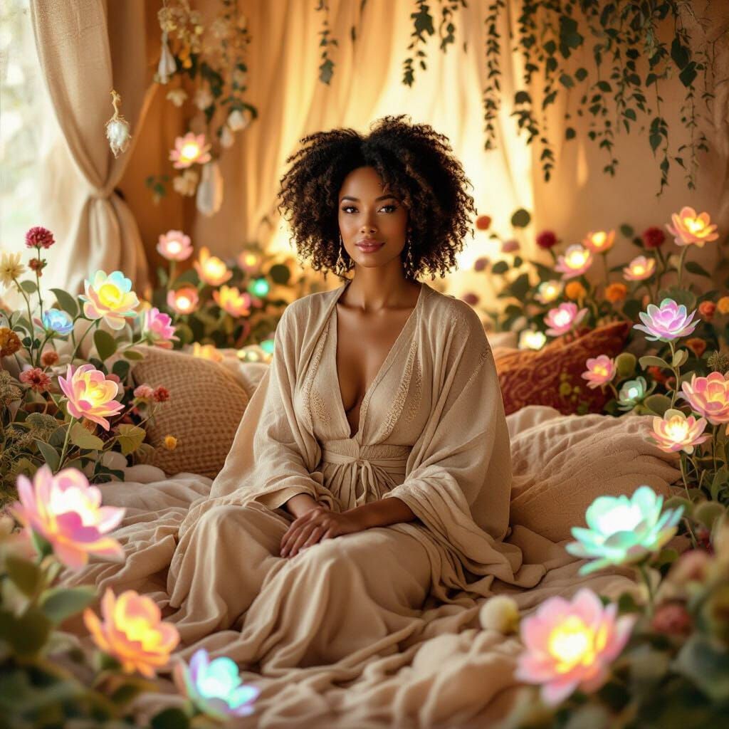 African American Woman in Bioluminescent Felt Flower Garden