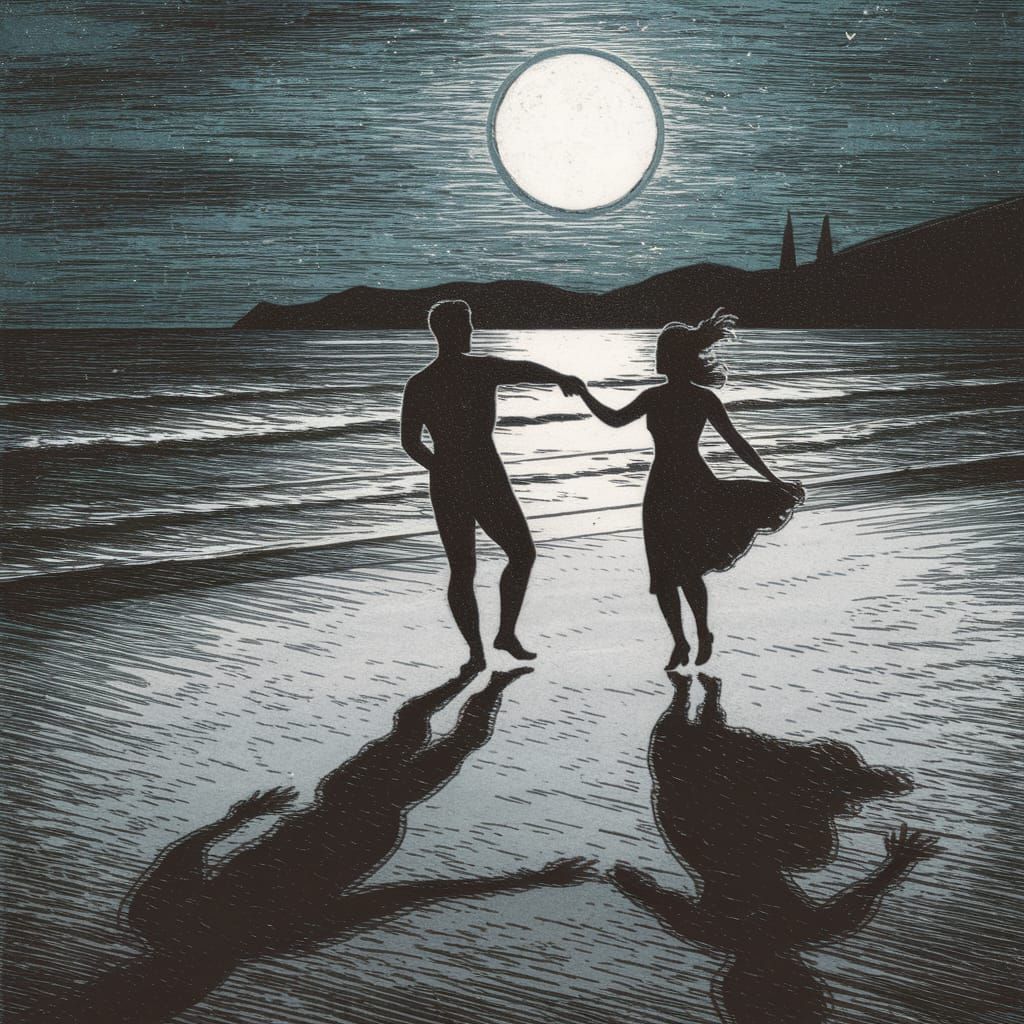 Moonlit Dance: Hopper-esque Etching of a Couple