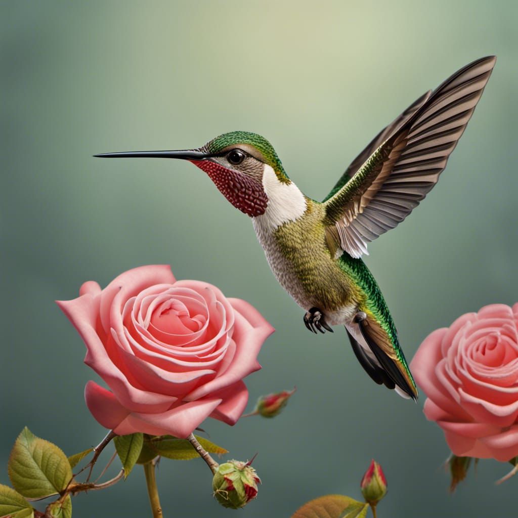 Hummingbird Landing on Rose: Hyperrealistic Digital Art