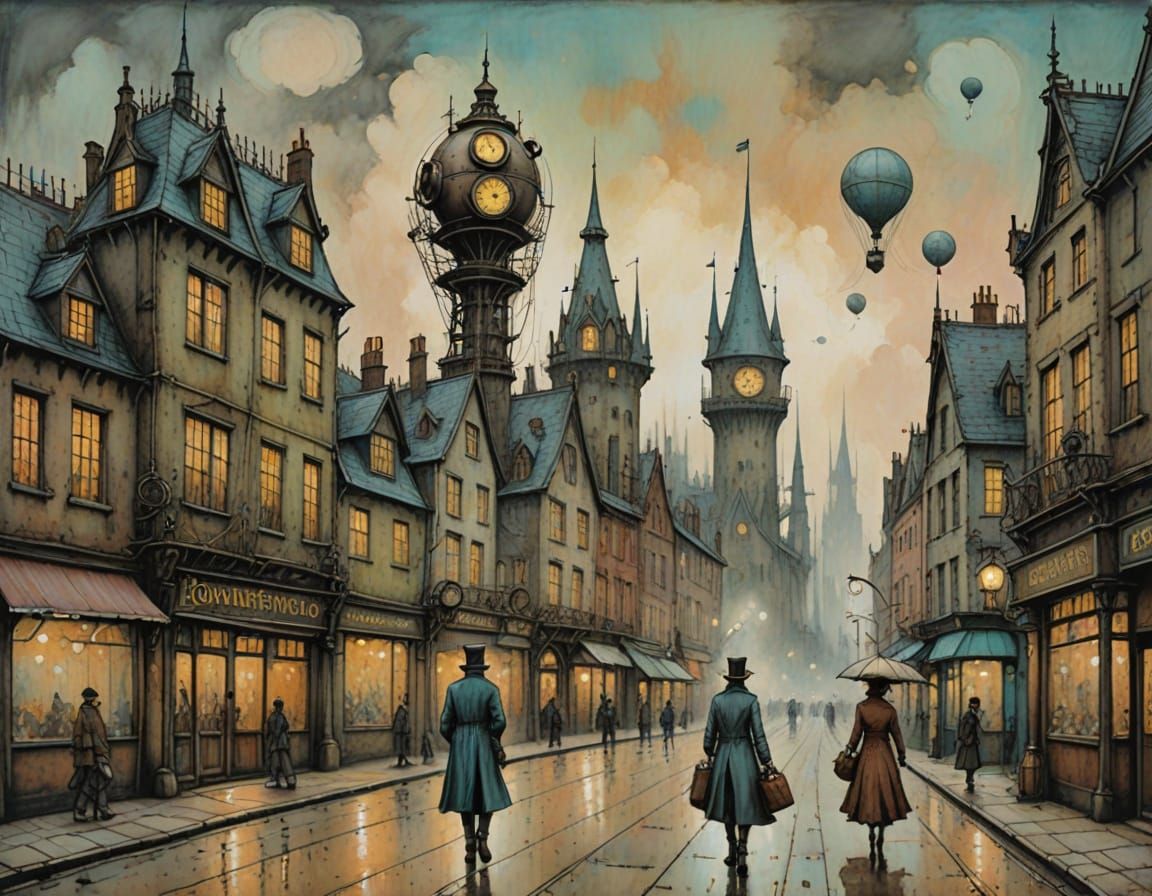 Whimsical Steampunk Cityscape in Oil Pastel Hues