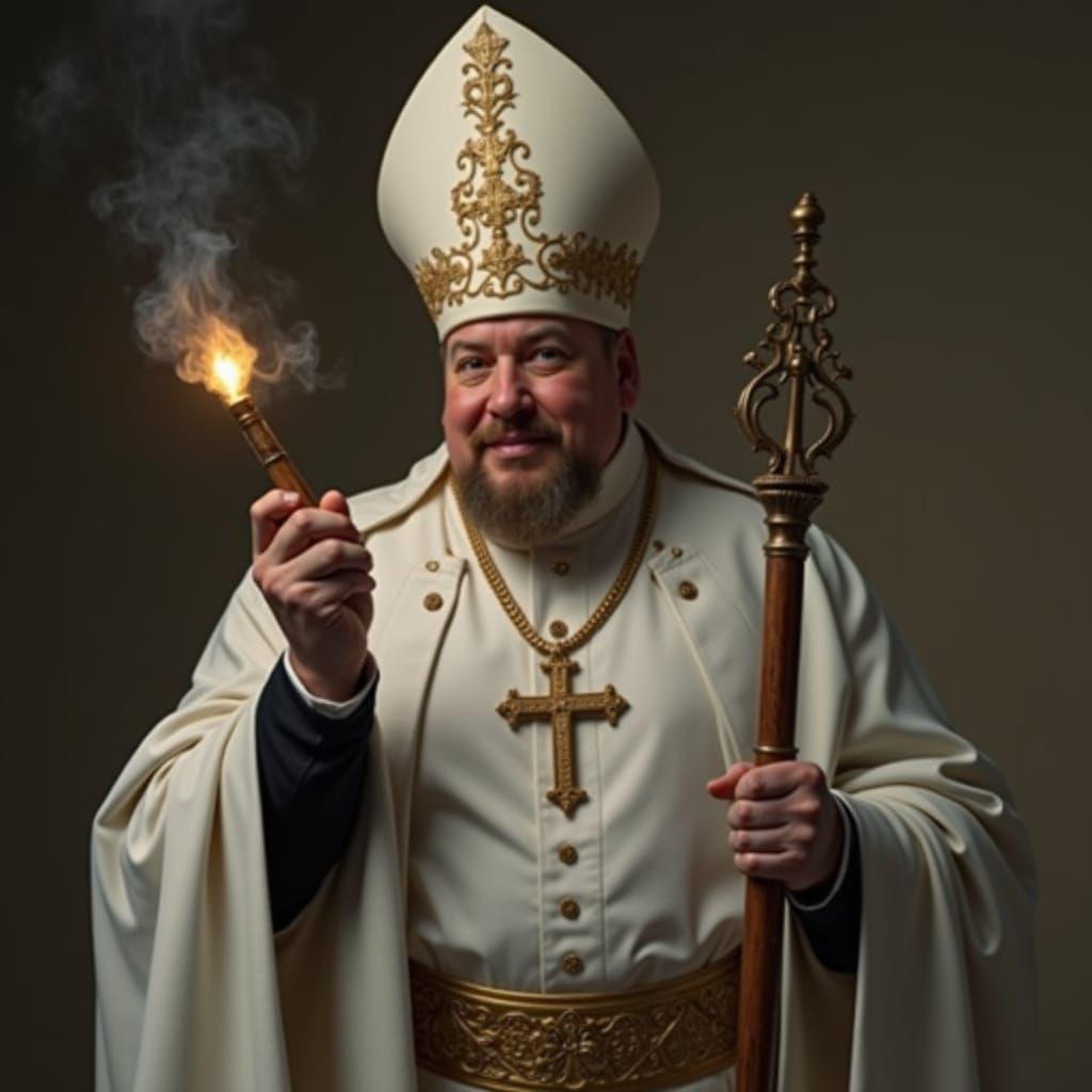 Regal Figure in Ornate White Attire with Golden Cross