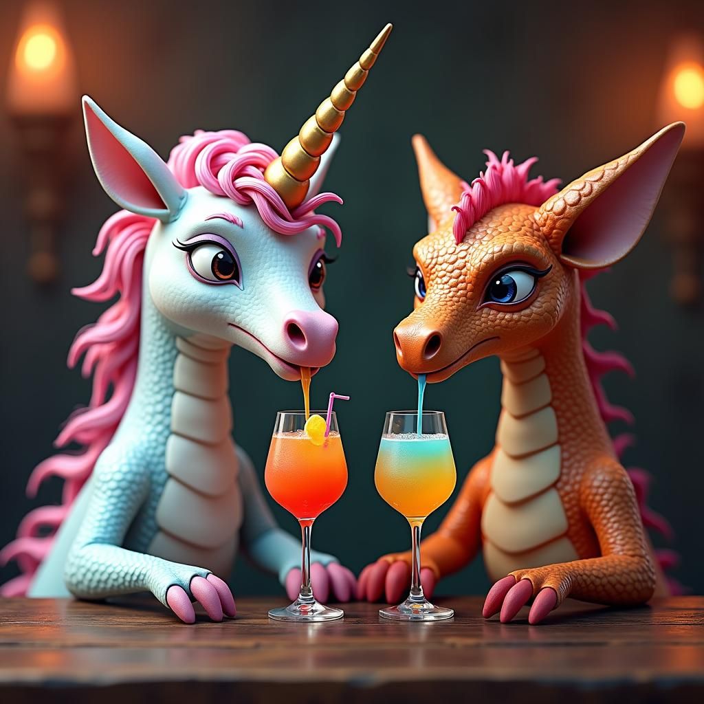Unicorn and Dragon Drinking Cocktails: Fantasy Digital Art
