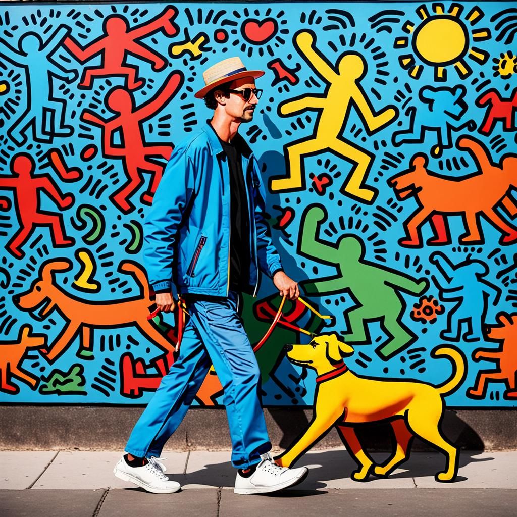 Man Walking Dog in Keith Haring Style