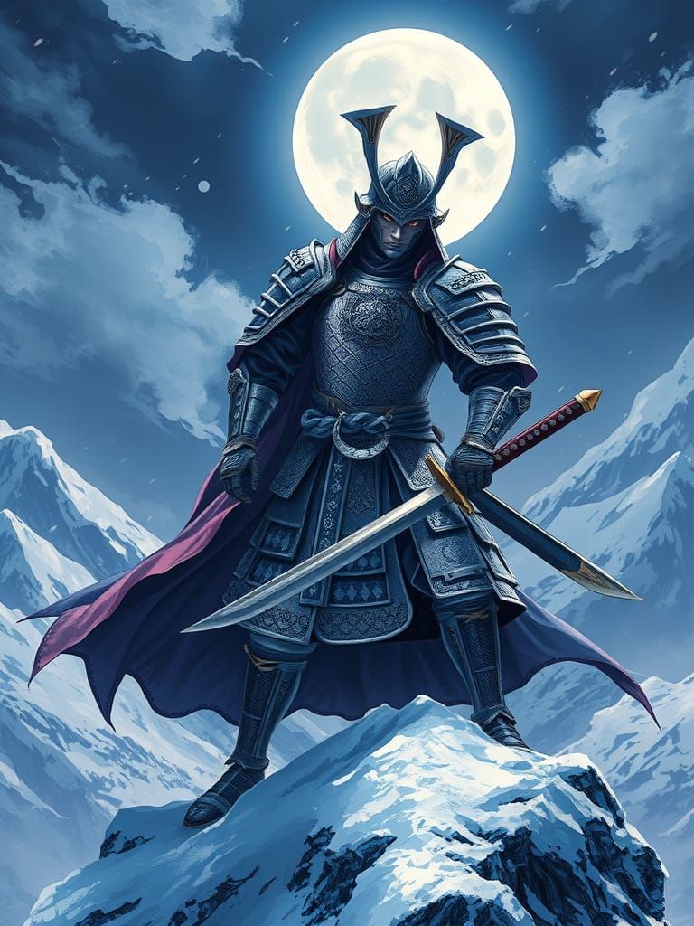 Anime Samurai Warrior on Snowy Mountain Peak
