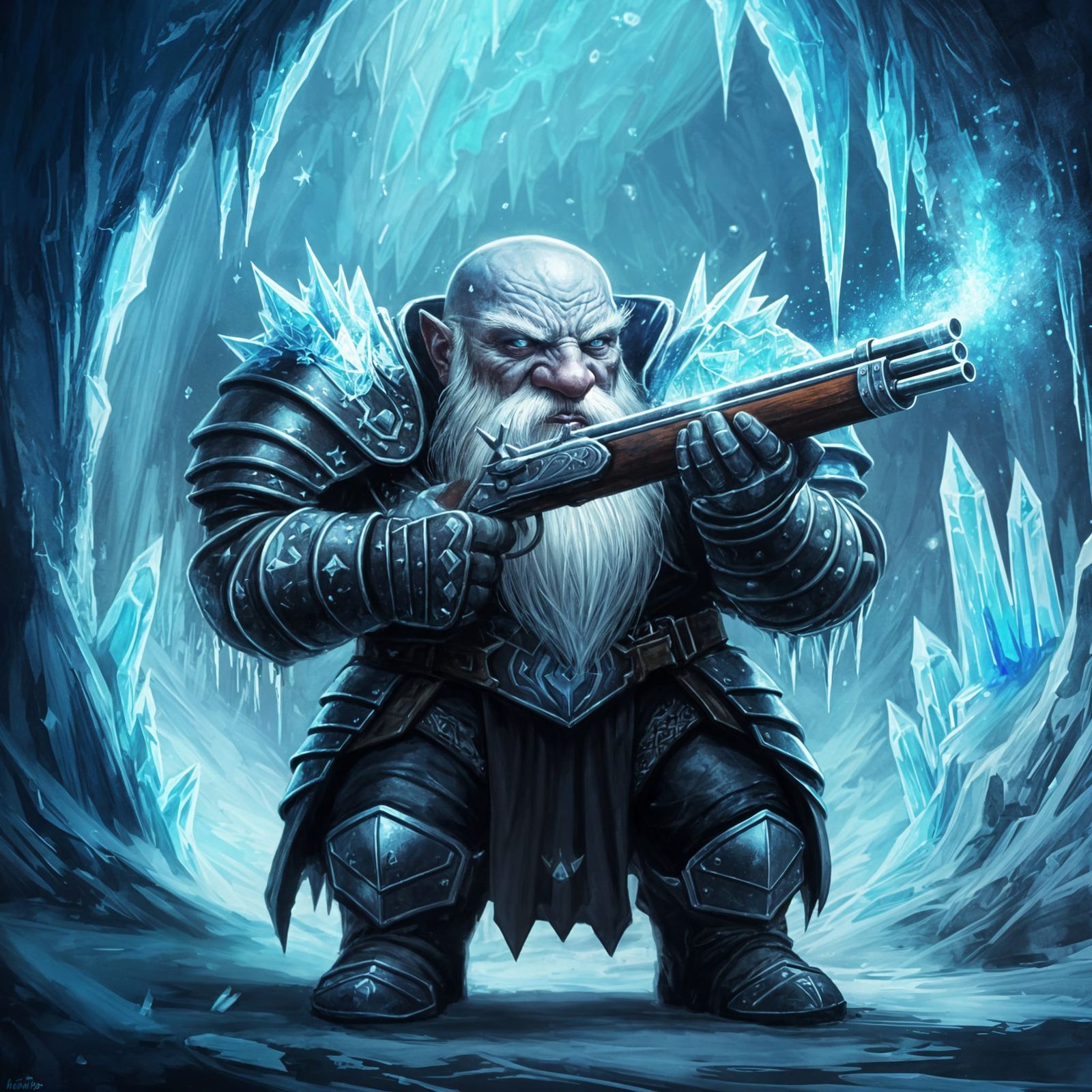 Dark Fantasy Dwarf Musketeer in Icy Armor