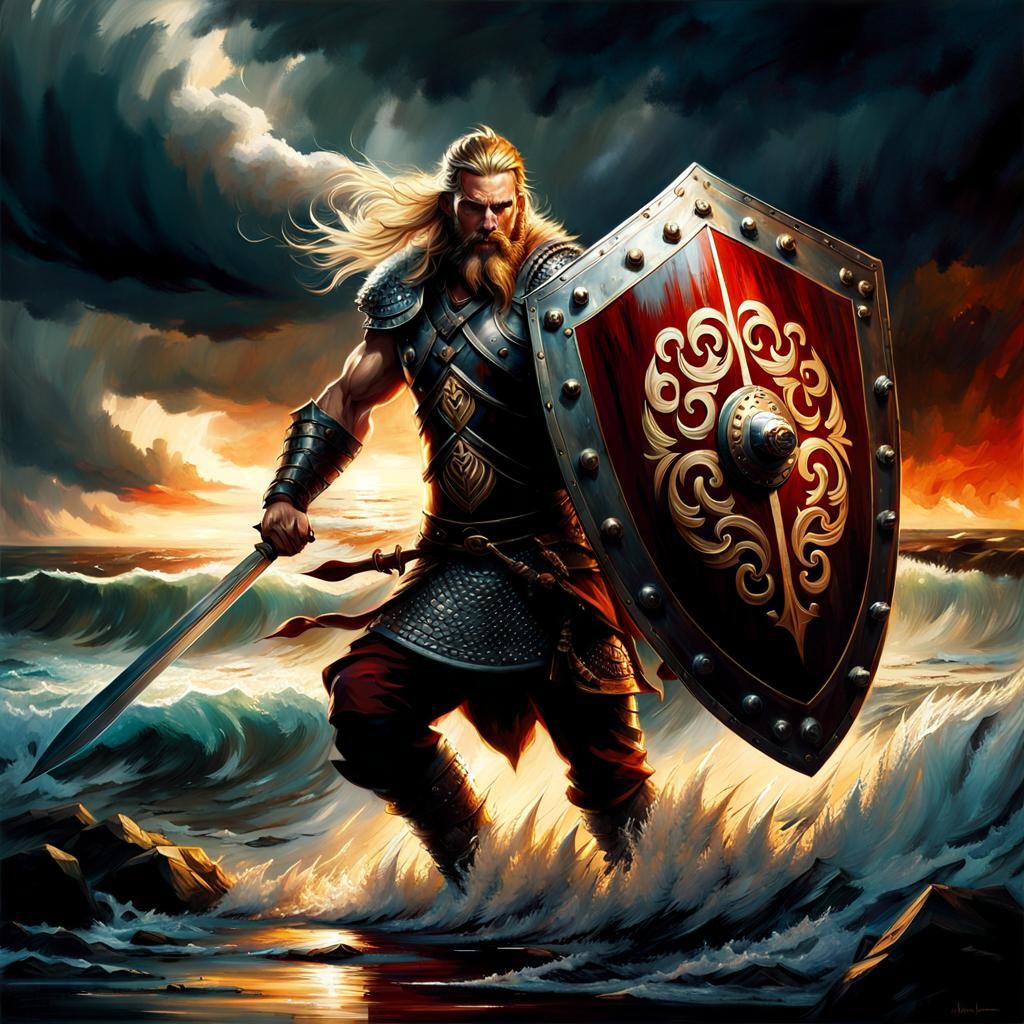 Viking Warrior in Seascape Thunderstorm as Impasto Painting