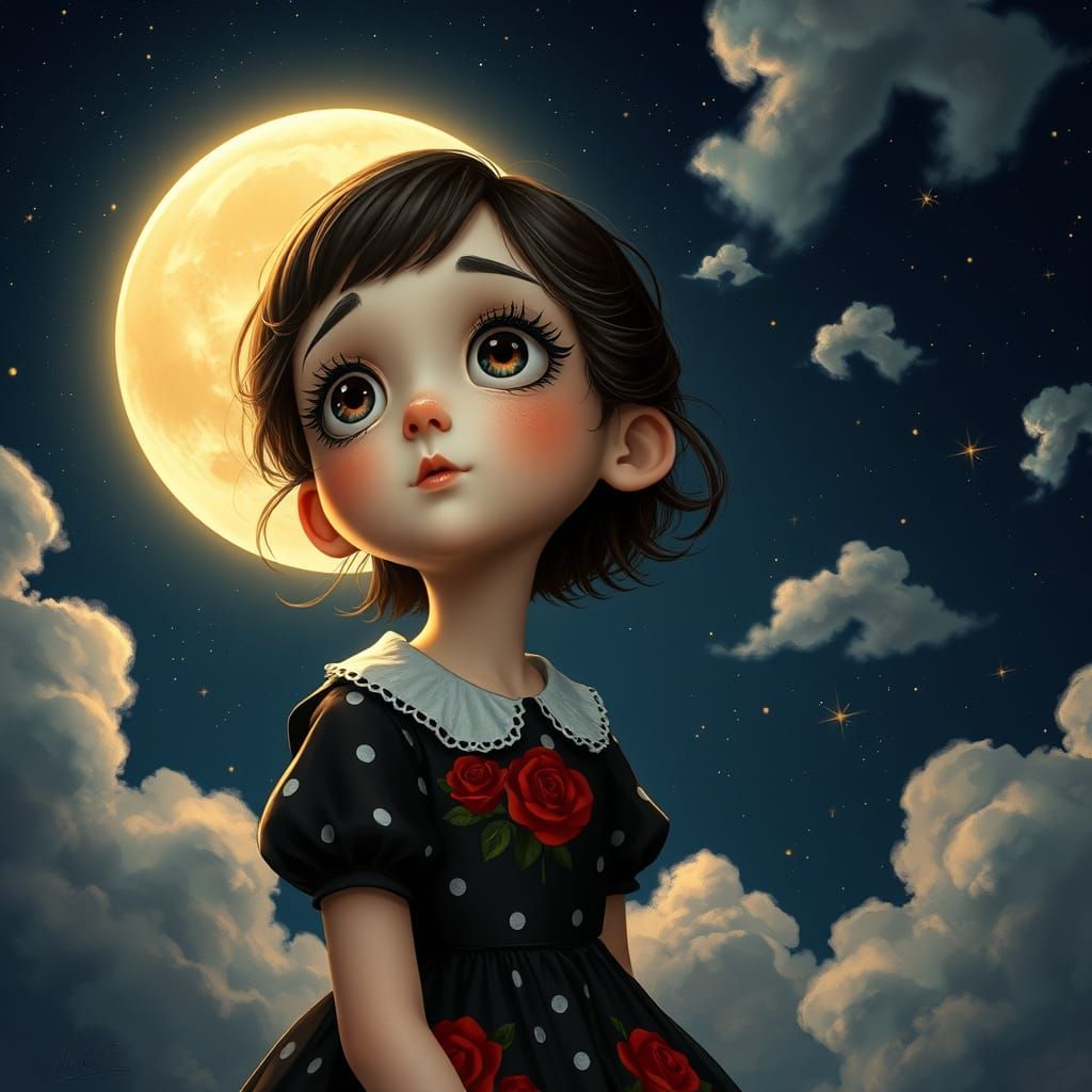 Dreamy Girl Under the Whimsical Full Moon