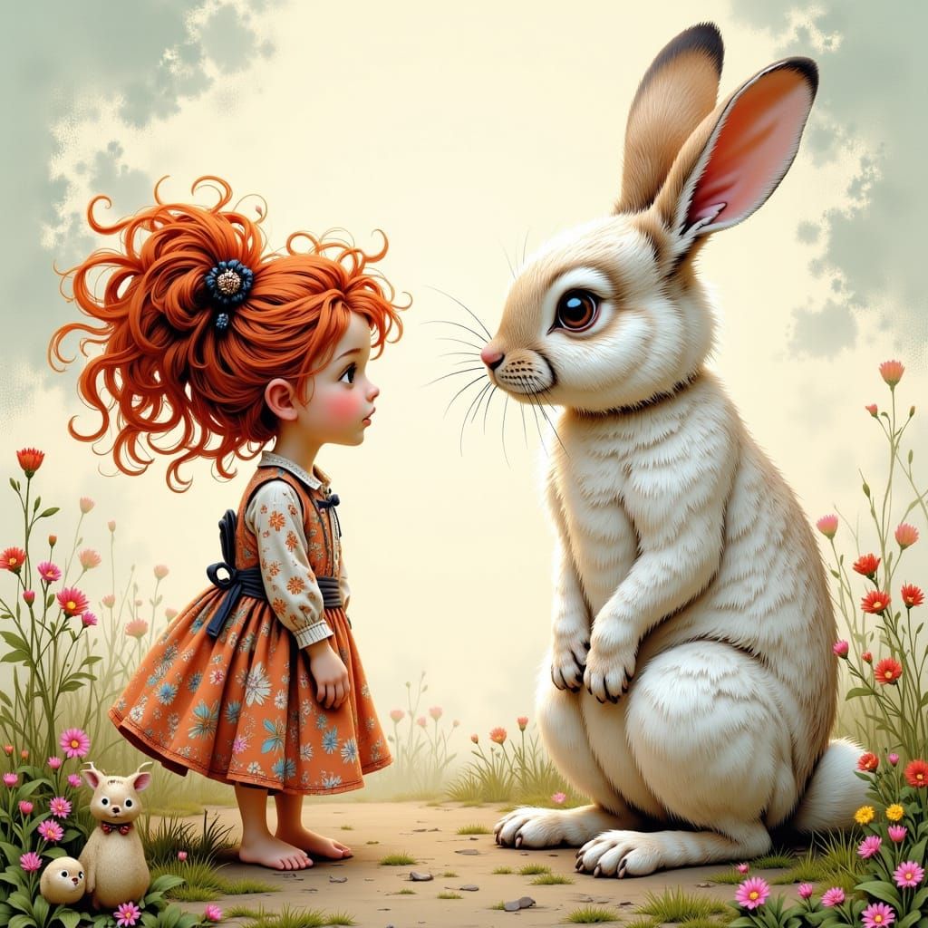 Whimsical Rabbit and Girl Fantasy Art
