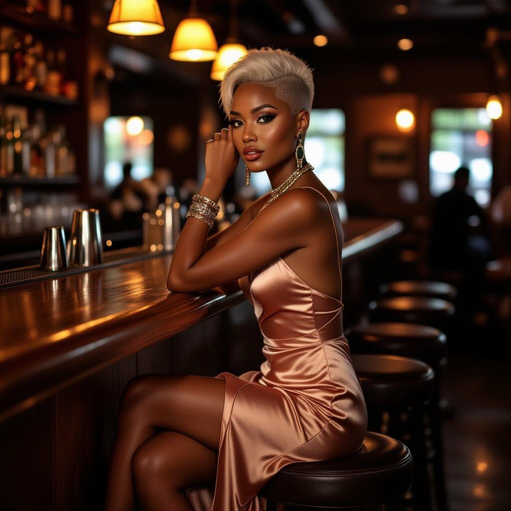 African Woman in Dimly Lit Bar, Alluring Pose