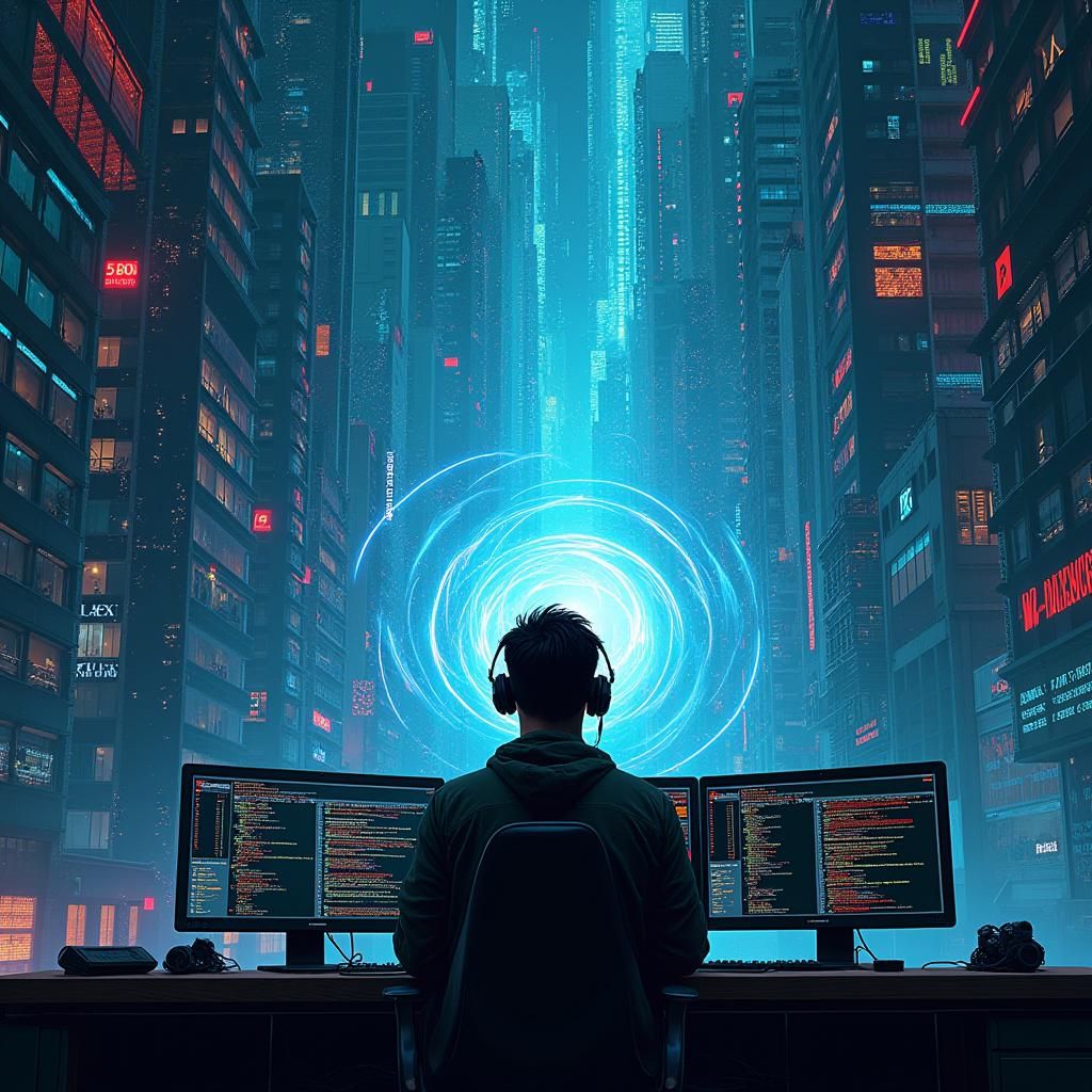 Cyberpunk Programmer in Neon Cityscape at Dusk