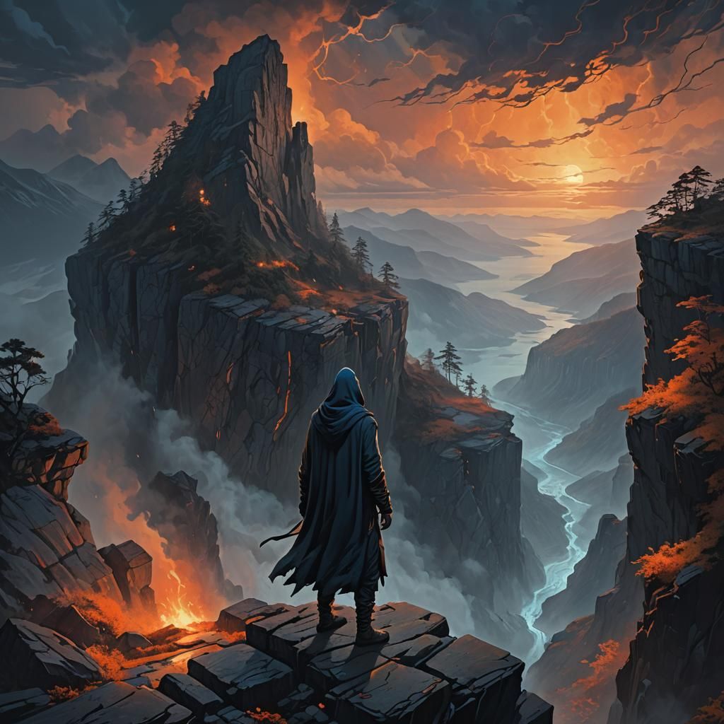 Hooded Figure on Cliff in Dark Fantasy Landscape