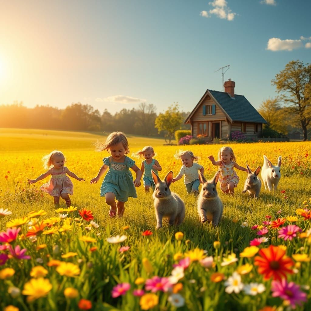 Whimsical Meadow Scene in Vibrant Colors and Idyllic Harmony