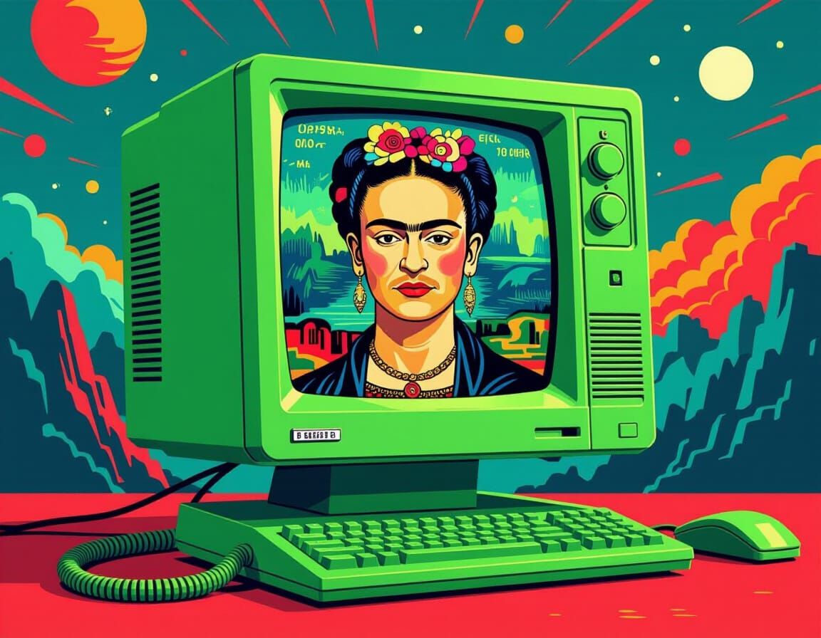 Mona Frida Kahlo Glitch Portrait on Retro Monitor