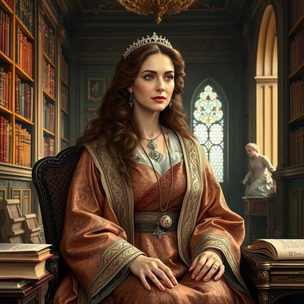 Elegant Diplomat Queen Elaine Montrose in Classical Realism....