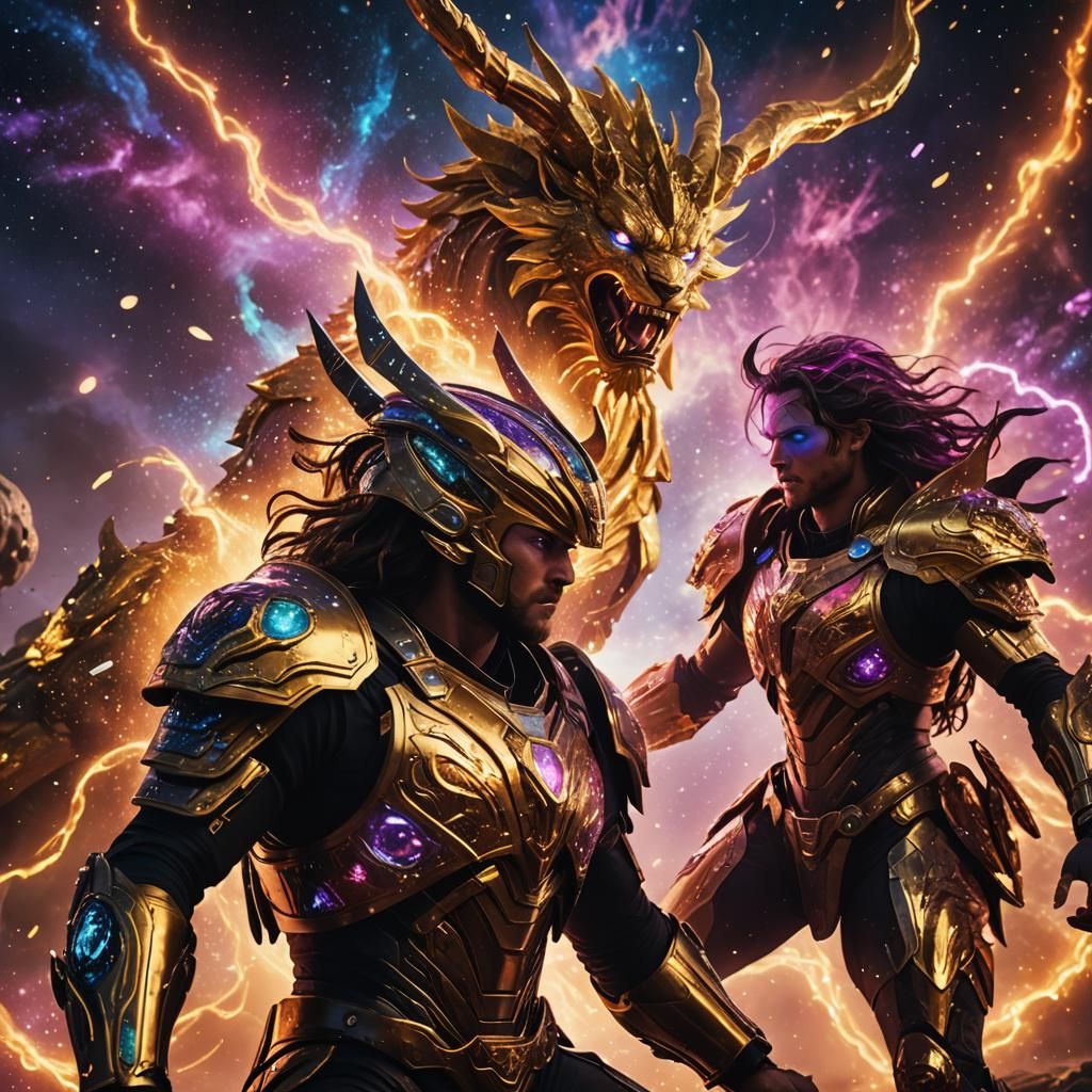 Cosmic Sci-Fi Battle in Neon and Metallic Textures