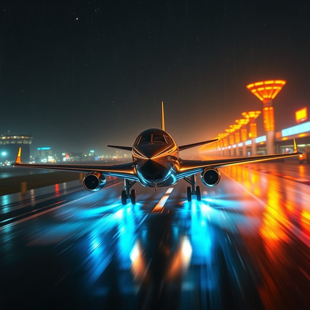 Futuristic Airliner Takes Flight Amidst Neon-Lit Airport