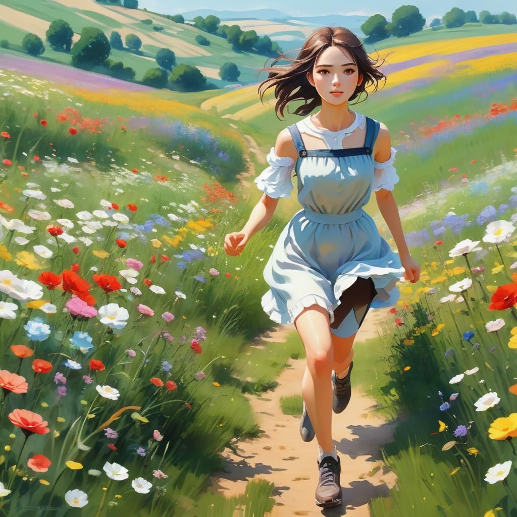 Girl in Flower Field: American Impressionism Oil Painting
