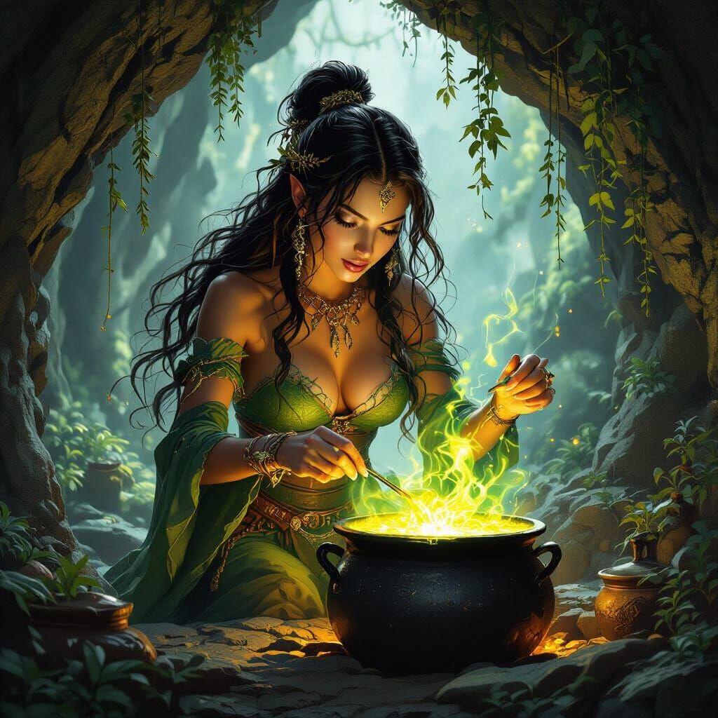 Beautiful Sorceress Stirs Glowing Potion in Cave
