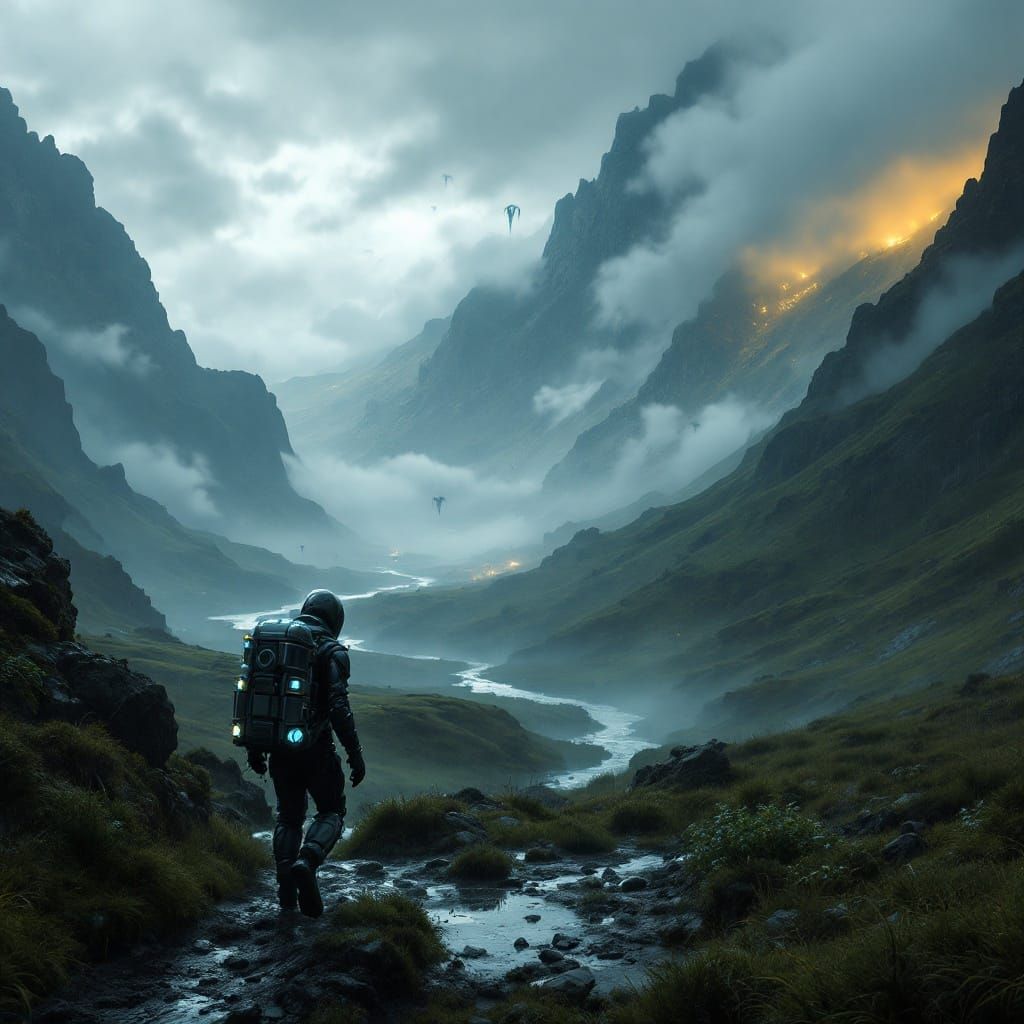 Mysterious Porter in Cyberpunk Exosuit Amidst New Zealand La...