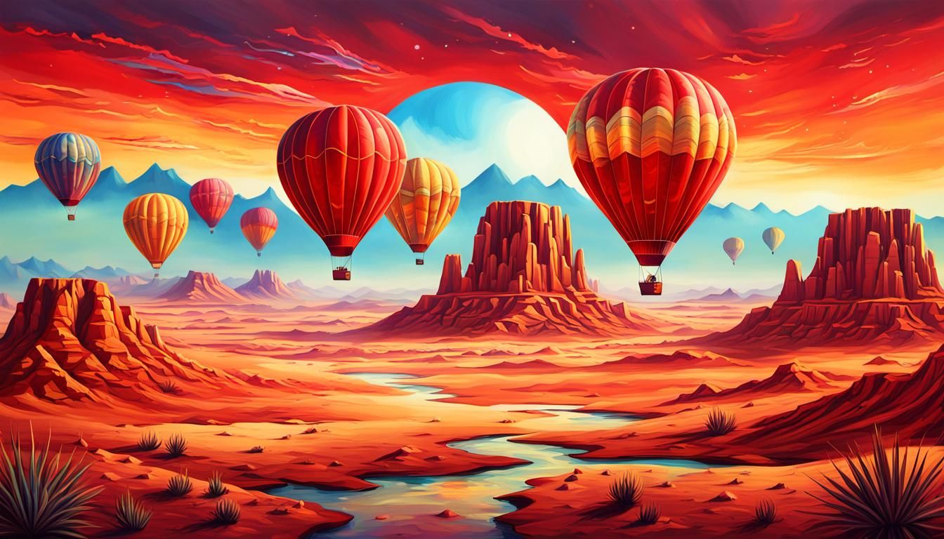 Hot Air Balloons Over Desert in Holographic Art Deco Style