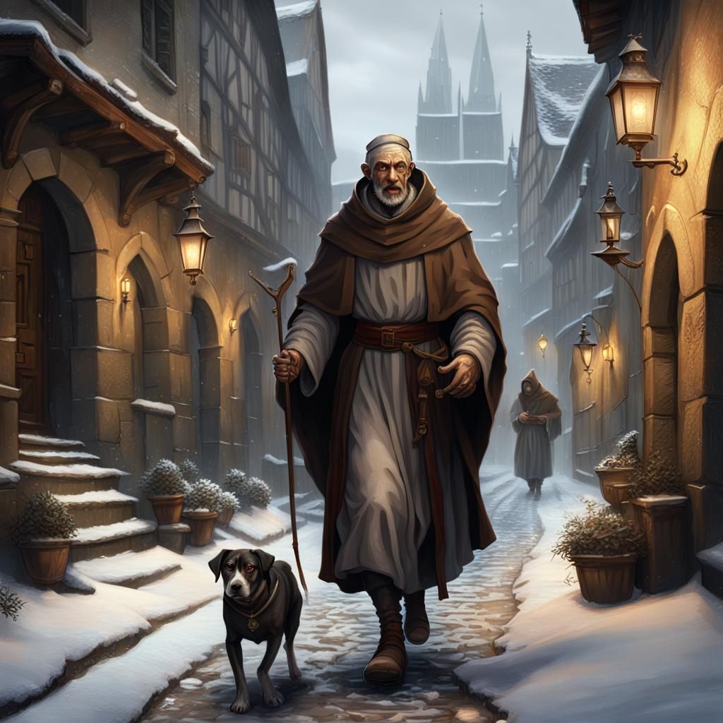 Franciscan Friar Walks a Snowy Renaissance Street