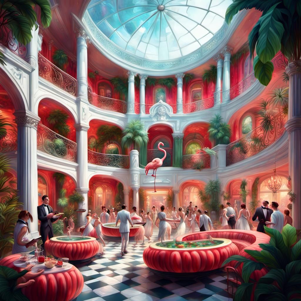 Watermelon House Interior with Aquarium in Digital Painting