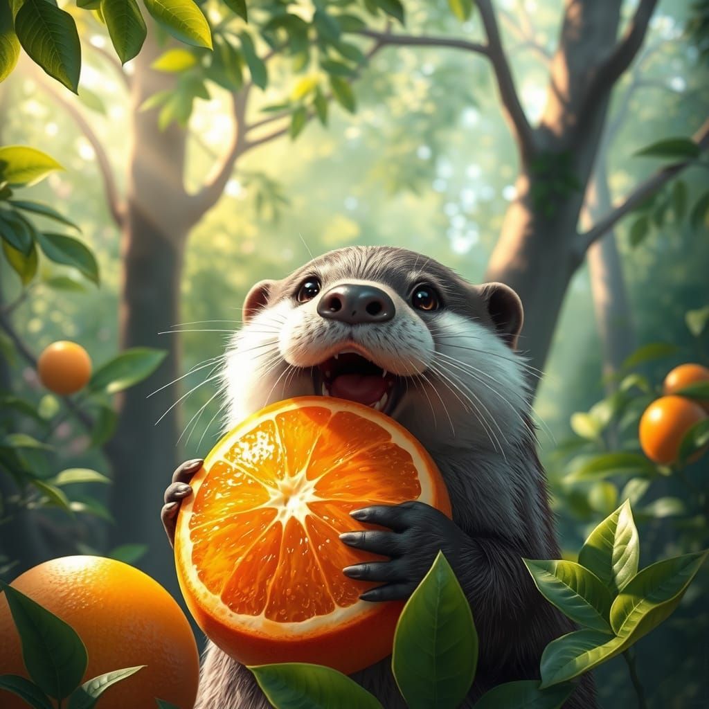 Adorable Otter Eats Giant Orange in Dappled Forest Light