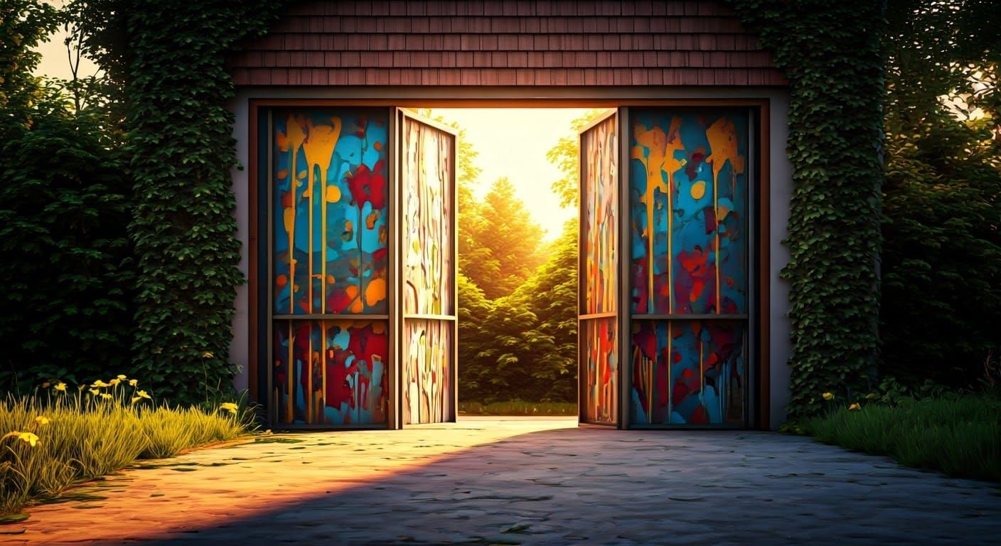 Rustic Motorcycle Garage with Vibrant Graffiti Art