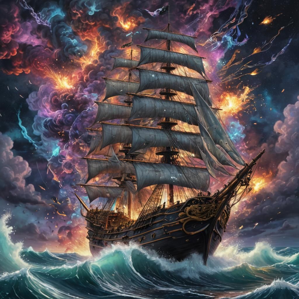 Pirate Ship in Astral Storm: Mixed Media Illustration