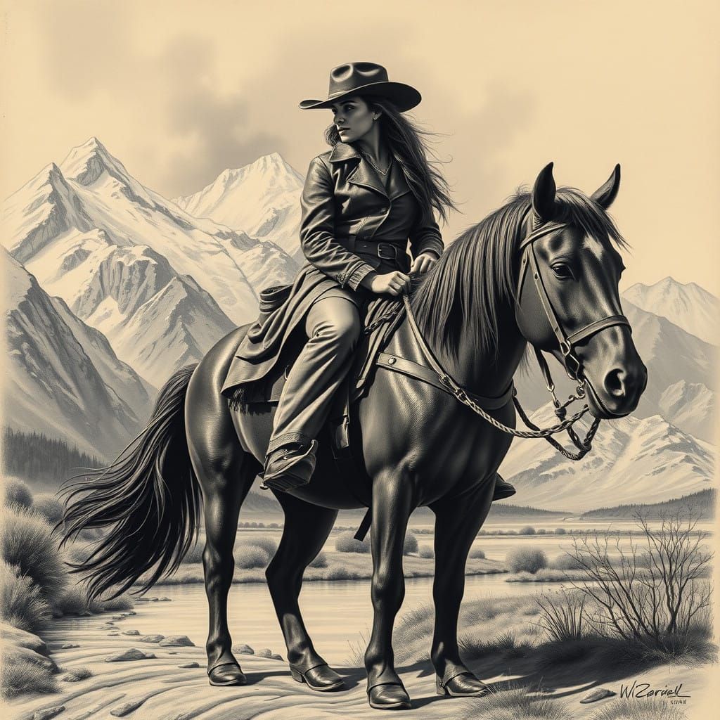 Majestic Western Cowgirl Rides Horse Amidst Snow-Capped Moun...