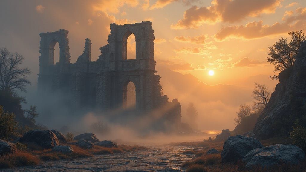 Ethereal Fantasy Castle Ruin at Dreamy Sunset
