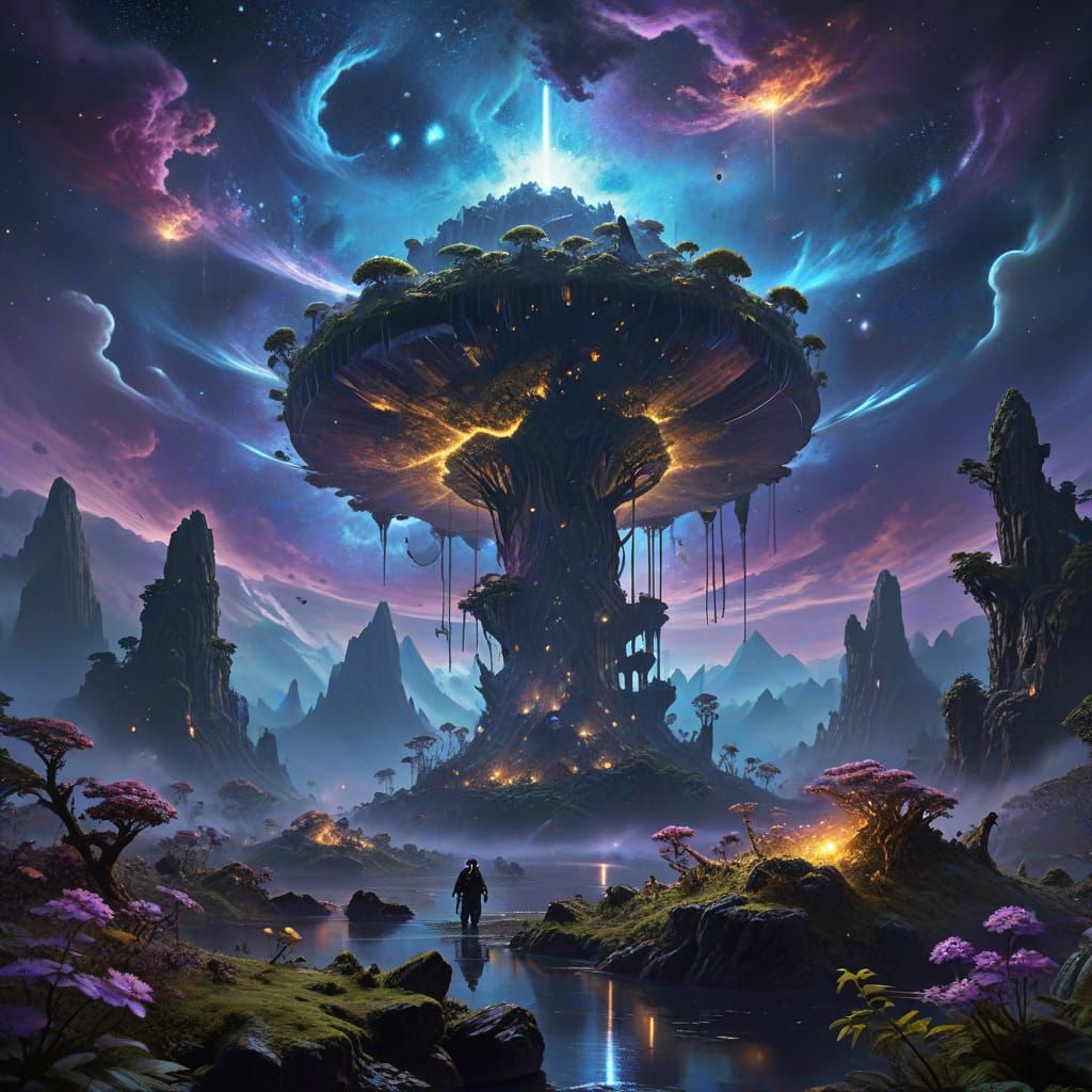 Ewok Villages Float in Cosmic Nebula - Epic Fantasy Art