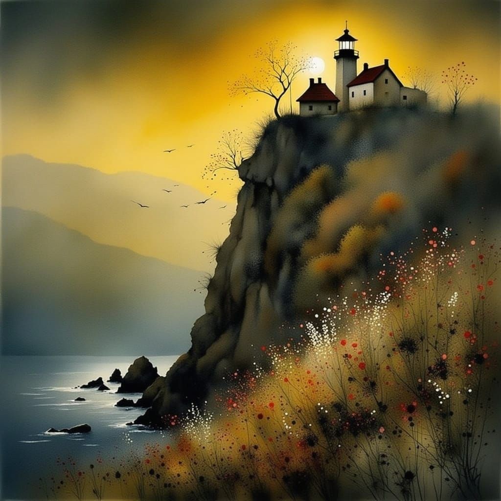 Lighthouse on Flowering Cliff at Sunset