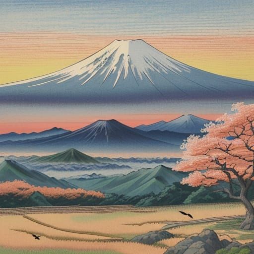 Mount Fuji Sunset: Japanese Woodblock Print Style