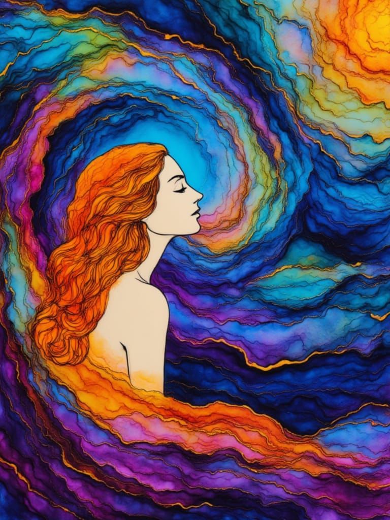 Dainty Figure Emerging from Neon Ink Vortex