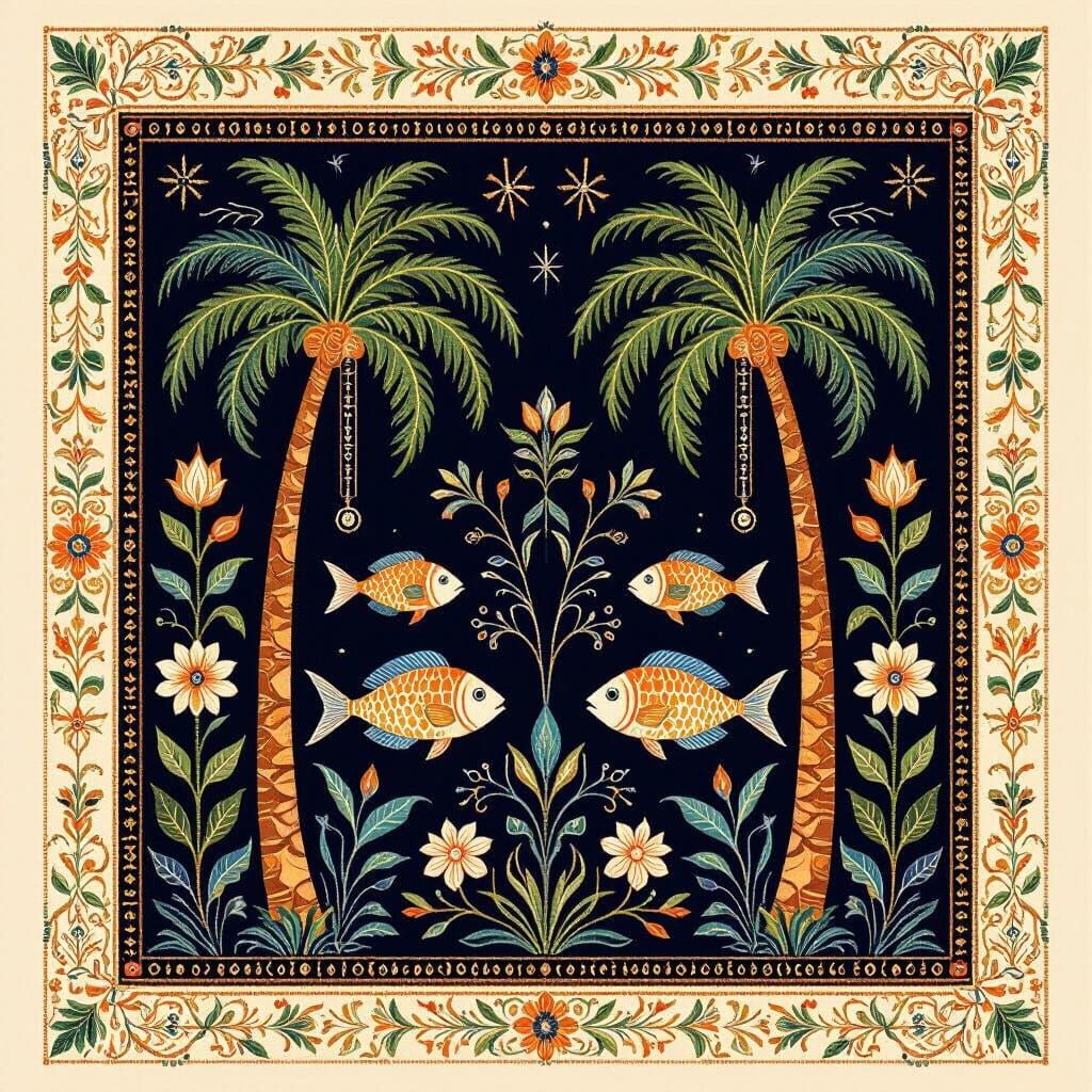 Ornate Embroidered Tropical and Greek Motif Design