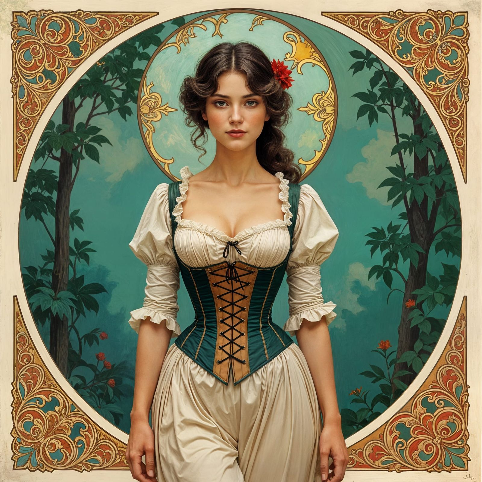 Brunette Woman in 1750s Attire as Art Nouveau Painting
