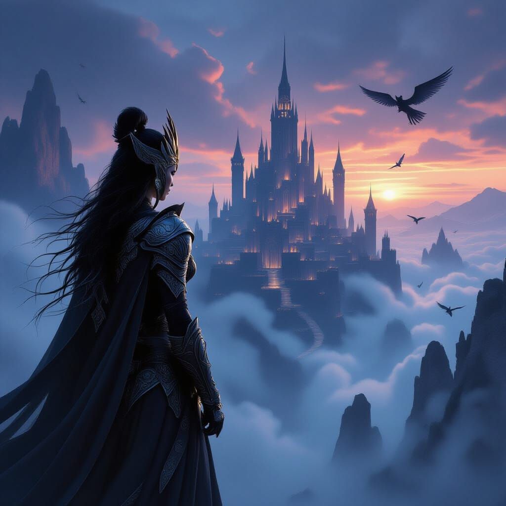 Warrior Queen Surveys Dreamlike Kingdom from Floating Citade...