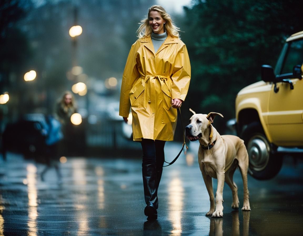 Rainy Evening Walk with Great Dane