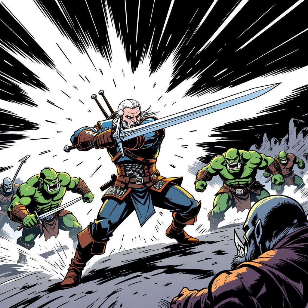 Witcher in Dynamic Comic Panel Sword Strike Against Orcs