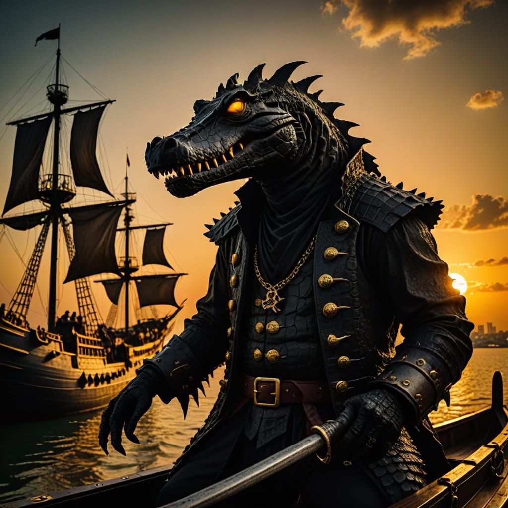 Sinister Crocodile Pirate Silhouette at Sunset