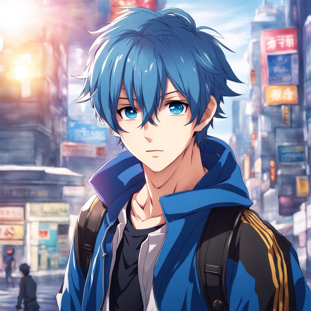 Attractive Anime Boy with Blue Hair, Manga Style