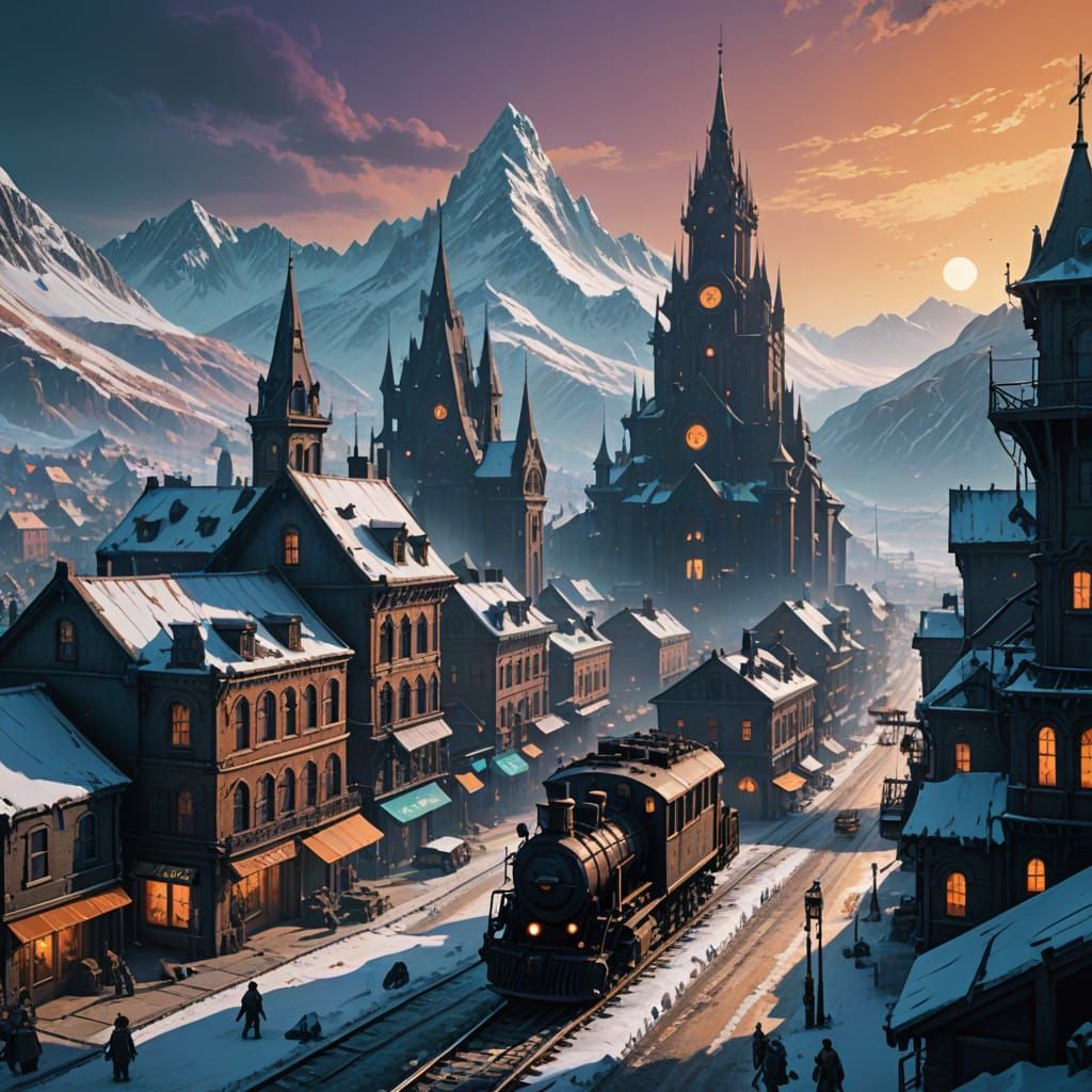 Majestic Frostpunk Cityscape in Steampunk Style