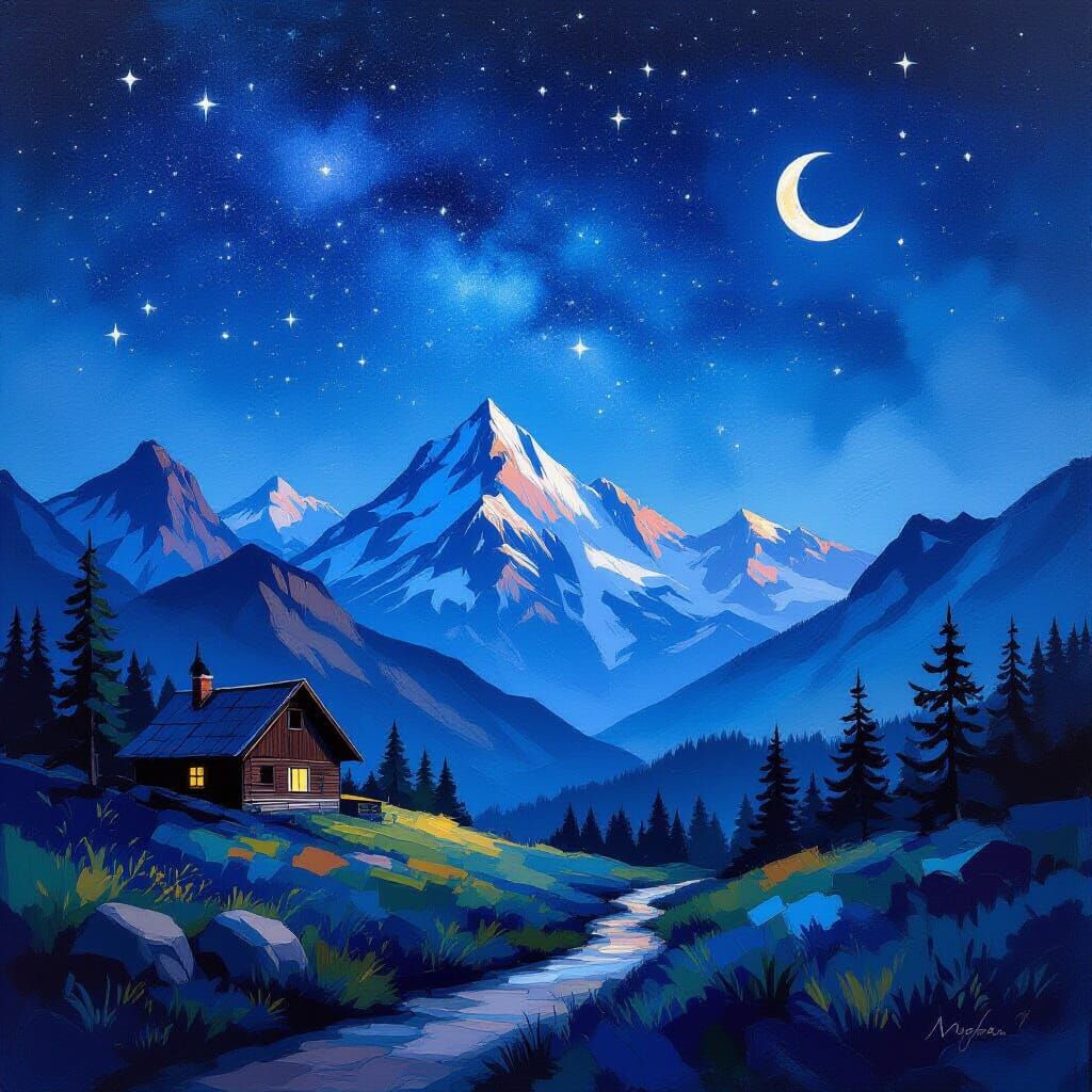 Starry Night Mountainscape in Gouache Style