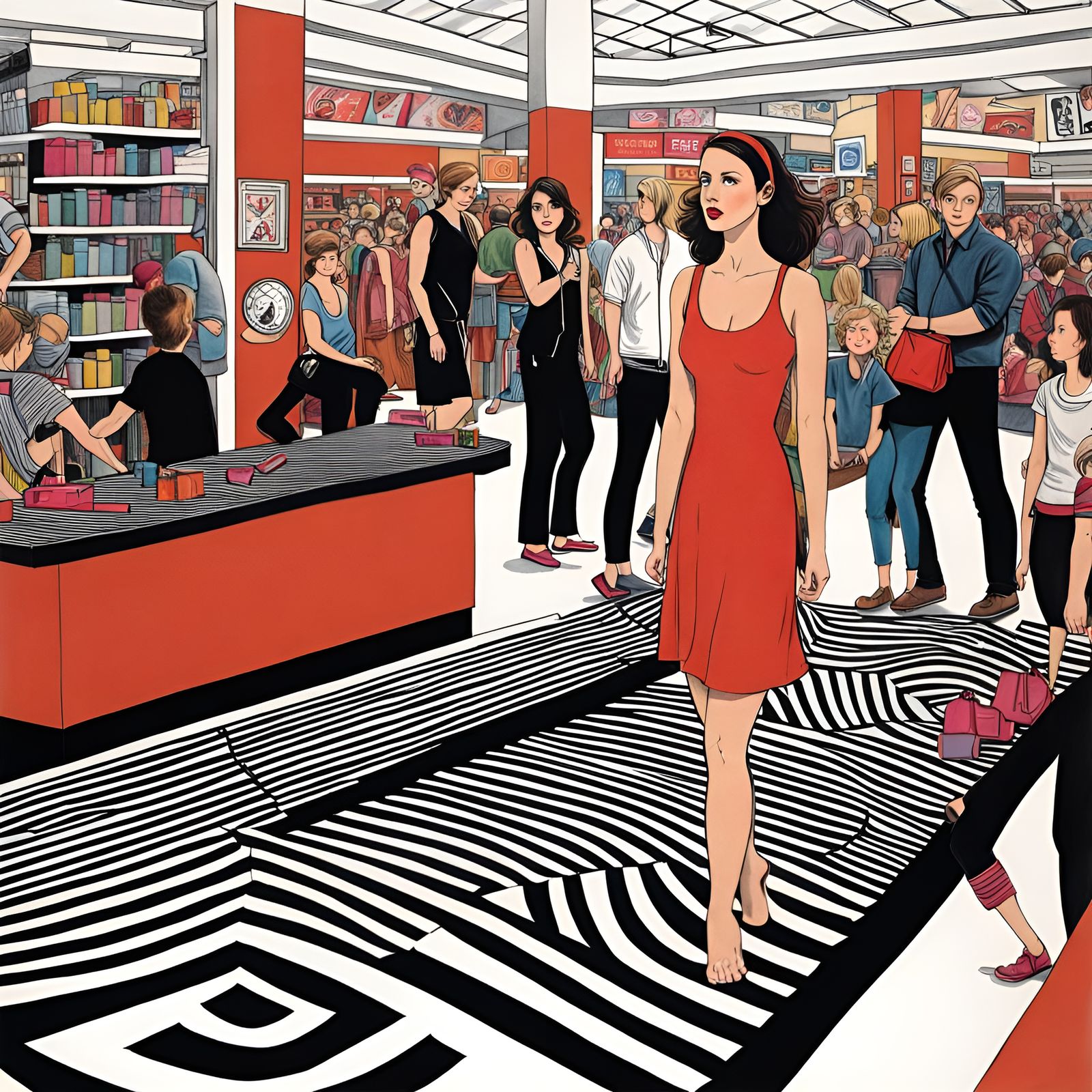 Barefoot Hypnosis in Mall: Surreal Juvenile Drawing