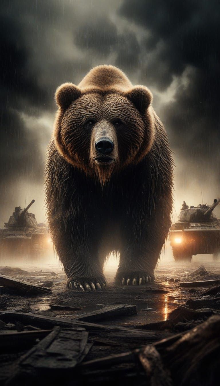 Kodiak Bear on War Battlefield in Grunge Style